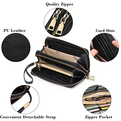 GAEKEAO RFID Leather Wristlet Wallet for Women with Grip Strap | Large capacity clutch wallet, credit card holder, wrist strap, zipper purse, travel and shopping - color: A03 Retro Black