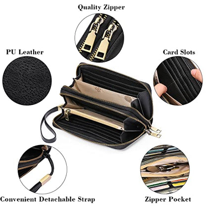 GAEKEAO RFID Leather Wristlet Wallet for Women with Grip Strap | Large capacity clutch wallet, credit card holder, wrist strap, zipper purse, travel and shopping - color: A03 Retro Black