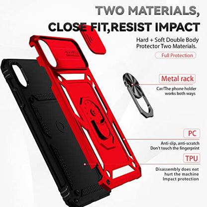 for iPhone Xs Max Case with Camera Lens Cover HD Screen Protector, Dual Layer Military Grade Drop Protection Magnetic Ring Holder Kickstand Protective Phone Case for iPhone Xs Max 6.5 inch (Red) - color: Red with camera cover Military-Grade 2nd gen