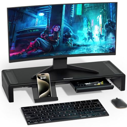 Adjustable Monitor Riser with Drawer & Phone Holder, Foldable Desk Stand - color: Black-Basic