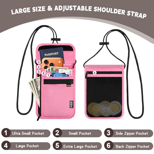 Likesing 5.5" L x 7.9" W Travel Neck Wallet, RFID Passport Holder(Pink) - color: Pink