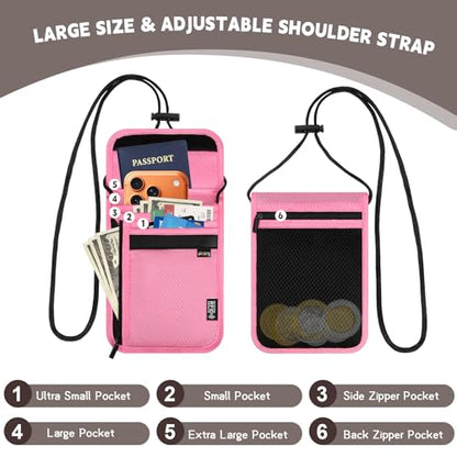 Likesing 5.5" L x 7.9" W Travel Neck Wallet, RFID Passport Holder(Pink) - color: Pink