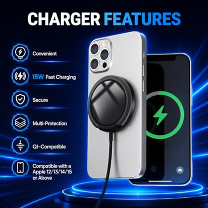 15W Magnetic Wireless Charger with Detachable USB-C Cables & USB-A Adapter - color: Black