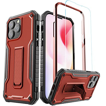 ExoGuard for iPhone 14 Pro Max Case 6.7 Inch, Rubber Shockproof Full-Body Cover Case Come with a Tempered Glass Screen Protector and Kickstand (Red) - color: Red
