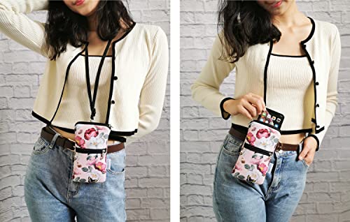 Tainada Dual Zipper Neck Phone Holder Pouch w/Belt Loop (Pink Floral) | For Men/Women; Water-resistant neoprene material, shockproof, lightweight, w/carabiner; Compatible with most of smartphones - color: Pink Floral