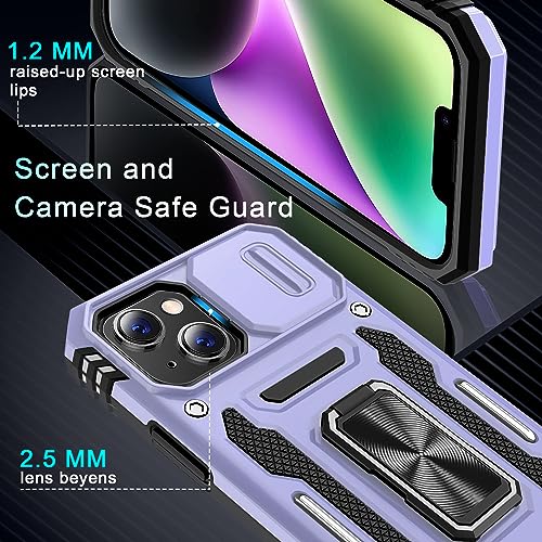 DEERLAMN Case for iPhone 13/iPhone 14 6.1-Inch with Slide Camera Cover+Screen Protector(2 Packs),Rotated Ring Kickstand Military Grade Shockproof Protective Cover-Light Purple - color: Light Purple