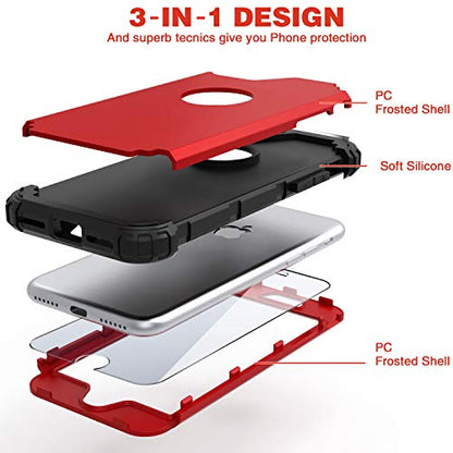 IDweel for iPhone 8 Case with Tempered Glass Screen Protector, for iPhone 7 Case, 3 in 1 Shockproof Slim Hybrid Heavy Duty Hard PC Cover Soft Silicone Bumper Full Body Case, Red - color: Red