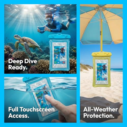 2 Pack Waterproof Phone Pouch Underwater Dry Bag Ultra-Clear Dual-Sided Touchscreen Case with Lock Seal for Swimming Snorkeling & Beach-Yellow-Blue - color: Yellow-Blue