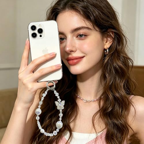 Rhinestone Bead Phone Charm for Women, Butterfly Bow Beaded Wrist Strap Lanyard with Tether Tab – Anti-Theft Hands-Free Detachable Phone Chain Wristlet - color: Butterfly Beads White