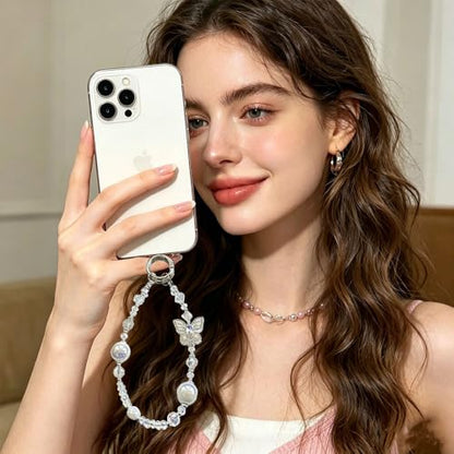 Rhinestone Bead Phone Charm for Women, Butterfly Bow Beaded Wrist Strap Lanyard with Tether Tab – Anti-Theft Hands-Free Detachable Phone Chain Wristlet - color: Butterfly Beads White