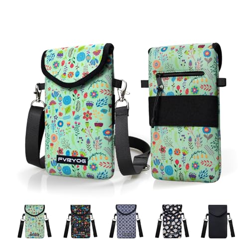 Neoprene Phone Sleeve Pouch Case Bag for Men Women w/Crossbody Strap/Neck Lanyard for iPhone 17/16/15/14 Pro Max, Samsung S25，Pixel 10 - color: Green Flower Cell Phone Sleeves
