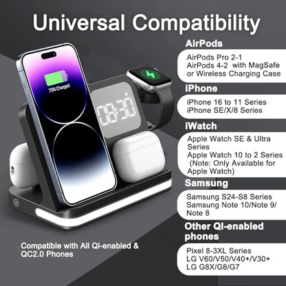 7 in 1 Wireless Charging Station Compatible with Apple Multiple Devices iPhone, AirPods, and Apple Watch - Phone Wireless Charger Fast Charging with Night Lamp and Clock(Black)