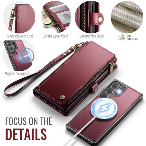 Defencase for Galaxy S26 Ultra Case Wallet Compatible with Magsafe, WineRed | Magnetic Detachable, RFID Bolcking Card Holder, Zipper Strap, PU Leather Drop-Proof Phone Cover for Samsung Galaxy S26 Ultra - color: (Detachable with Magsafe)-Wine Red