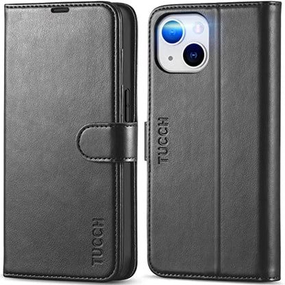 TUCCH Wallet Case for iPhone 14 (6.1") 2022, 4 Card Holders, Black | RFID Blocking, Viewing Stand, Shockproof TPU Shell, PU Leather, Magnetic Closure, Protective Folio Flip Cover - color: Black