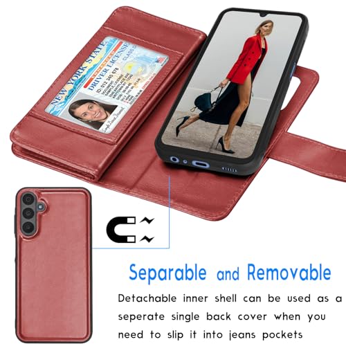 Galaxy A15 5G Case, Galaxy A15 5G Wallet Case, Tekcoo Luxury PU Leather Cash Credit Card Slots Holder Carrying Folio Flip Cover [Detachable Magnetic Hard Case] Kickstand for Samsung A15 5G [Wine Red] - color: W-Wine Red