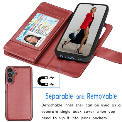 Galaxy A15 5G Case, Galaxy A15 5G Wallet Case, Tekcoo Luxury PU Leather Cash Credit Card Slots Holder Carrying Folio Flip Cover [Detachable Magnetic Hard Case] Kickstand for Samsung A15 5G [Wine Red] - color: W-Wine Red