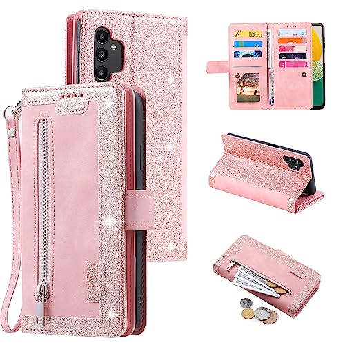 EYZUTAK Wallet Phone Case for Samsung Galaxy A13 5G/4G/A04S, Retro Matte 9 Card Holder Slots Zipper Pocket Case PU Leather Magnetic Closure Kickstand Wrist Strap Shockproof Folio Flip - Rose Gold - color: Rose Gold, size: Samsung Galaxy A13/A04S