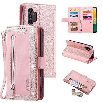 EYZUTAK Wallet Phone Case for Samsung Galaxy A13 5G/4G/A04S, Retro Matte 9 Card Holder Slots Zipper Pocket Case PU Leather Magnetic Closure Kickstand Wrist Strap Shockproof Folio Flip - Rose Gold - color: Rose Gold, size: Samsung Galaxy A13/A04S