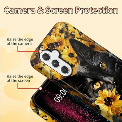 Black Cat Sunflowers Phone Case for Samsung Galaxy S25, Dual Layer Shockproof Rugged Cover with Soft TPU + Hard PC, Anti-Scratch Slim Fit Wireless Charging Compatible - color: Black Cat Sunflowers, size: 6.2" Galaxy S25