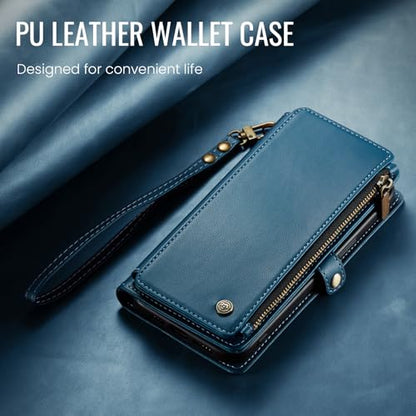 Defencase for iPhone 14 Plus Wallet Case with RFID Card Holder, Dark Blue | Durable Soft PU Leather, with Zipper Pocket, Wrist Strap, Fashion Snap Flip Phone Cases Cover with Stand for Women and Men - color: Dark Blue