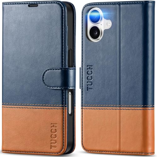 TUCCH Wallet Case for iPhone 16 (6.1") 2024, 4 Card Holders, Blue & Brown | RFID Blocking, Viewing Stand, Shockproof TPU Shell, PU Leather, Magnetic Closure, Protective Folio Flip Cover - color: Two-tone Blue & Brown