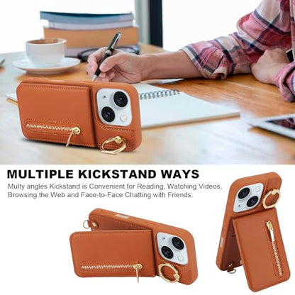 Crossbody Wallet Case for iPhone 11 with Lanyard Strap Card Slot Holder RFID Blocking Ring Kickstand,Magnetic Flip Folio Zipper Purse Case, PU Leather Cover Handbag,Brown - color: Brown, size: iPhone 11(6.1")