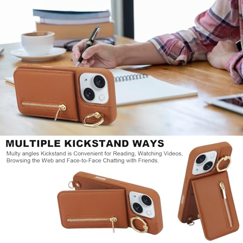 Crossbody Wallet Case for iPhone 11, with Card Slots Zipper Pocket Case, Flip Folio Purse RFID Blocking with Ring Kickstand Detachable Strap-Brown - color: Brown, size: iPhone 11(6.1")