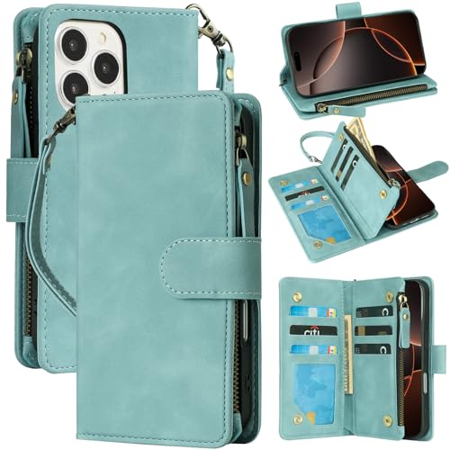 RANYOK Compatible with iPhone 16 Pro Max Wallet Case - PU Leather Wallet Case for iPhone 16 Pro Max with Credit Card Holder RFID Blocking Zipper Pocket [Wrist Strap] Protective Case (Baby Blue) - color: Light Blue, size: iPhone 16 Pro Max, 6.9"