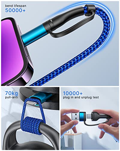 4 in 1 Charging Cable, 60W USB C to Lightning Cable 6.6FT, USB A/C to C/Lightning Multi Charging Cable Fast Charging for iPhone 16 15 14 13 Pro Max/MacBook Pro/Samsung S25 S24/Switch 2,Blue - color: Blue