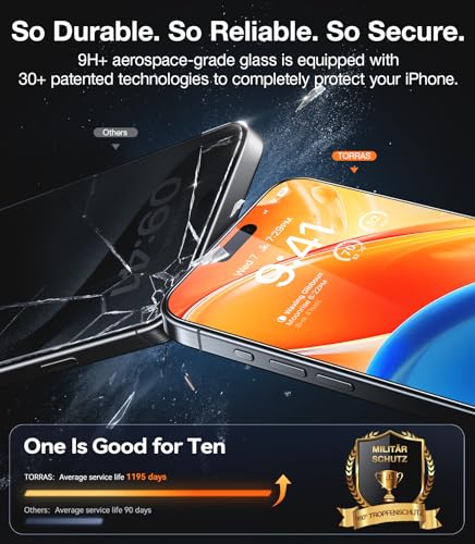 TORRAS Diamond Shield for iPhone 15 Pro Screen Protector [Military-Grade Protection] 9H+ Unbreakable Shatterproof Aerospace Tempered Glass Full Coverage InstaFit Bubble-Free, 2-Pack - size: iPhone 15 Pro（6.1 inch）