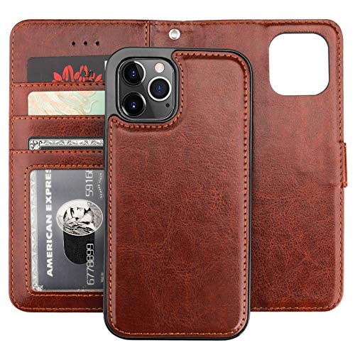 Bocasal Detachable Wallet Case Card Holder for iPhone 12/12 Pro, Brown | Kickstand Card Slots Holder PU Leather Magnetic Shockproof Wrist Strap Removable Flip Protective Cover 6.1 inch - color: Brown