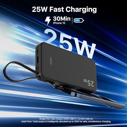 JUOVI 25W Portable Charger 10000mah Power Bank Built-in USB-C Cable - color: Black