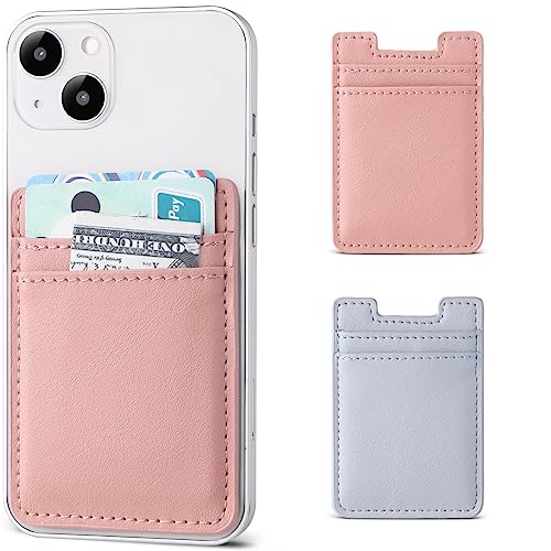 Phone Card Holder Stick on,2Pack Phone Wallet for Back of Phone Case, Leather Credit Card Holder for Cell Phone Sticky Wallet RFID Double Pocket Sticker for iPhone, Android, Samsung-Pink,Blue - color: Pink,Blue