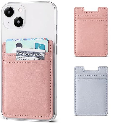 Phone Card Holder Stick on,2Pack Phone Wallet for Back of Phone Case, Leather Credit Card Holder for Cell Phone Sticky Wallet RFID Double Pocket Sticker for iPhone, Android, Samsung-Pink,Blue - color: Pink,Blue