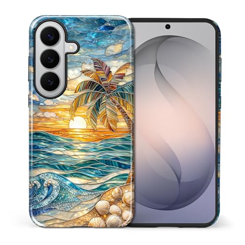 for Samsung Galaxy S26 Case, Shockproof 2-in-1 Double Protective Cover for Women Girls Men Boys, Exquisite Design Anti Scratch Stylish Phone Case Aesthetic, Stained Glass Beach Palm - color: Stained Glass Beach Palm, size: Galaxy S26