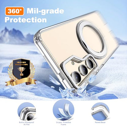 for Samsung Galaxy S25 Case with 360° Spin Stand,Clear | 360° Spin Magnetic Ring Stand,Compatible with Magsafe,Military Protection Phone Case - color: Clear, size: Samsung Galaxy S25