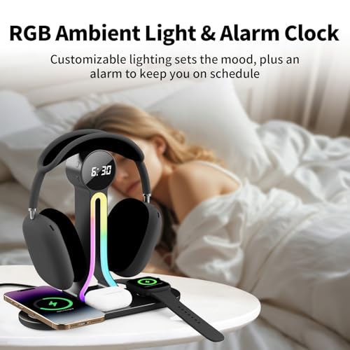 Transform Your Desk – 3-in-1 Wireless Charging Station with Headphone Stand, Dual USB Ports, 15W Fast Charger for Phone/A-irPods/A-pple Watch, RGB Light, LED Alarm Clock – Charge 5 Devices at Once