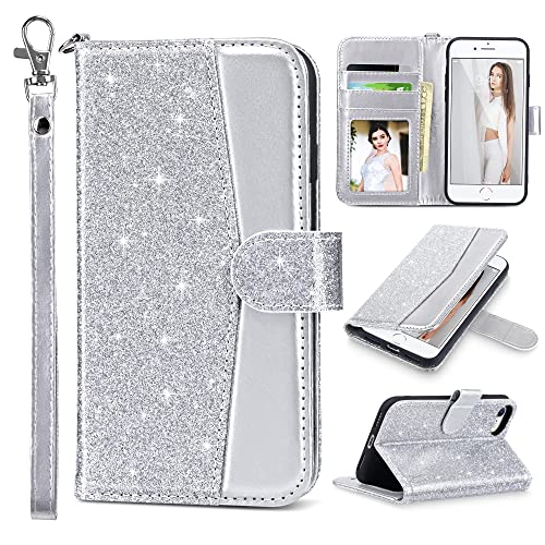 ULAK for iPhone SE 3(2022)/SE(2020)/8/7 Wallet Case Card Holder, Silver | Premium PU Leather Flip Case with Kickstand Card Slots,RFID Blocking,Wrist Strap, Durable Shockproof Cover 4.7 Inch - color: Silver