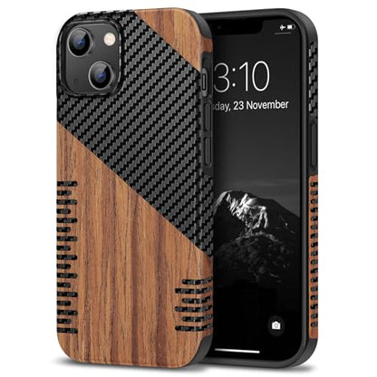 TENDLIN Compatible with iPhone 14 Plus Case Wood Grain with Carbon Fiber Texture Design Leather Hybrid Slim Case (Twill) - color: Twill, size: iPhone 14 Plus