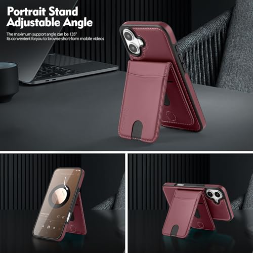 Shieldtop Compatible with MagSafe iPhone 16 Wallet Case,Wine Red | 2 in 1 Detachable Magnetic,Credit Card Holder Slots,RFID Blocking,PU Leather,Kickstand,Flip Folio Phone Cover for Men & Women - color: Wine Red, size: iPhone 16 6.1"