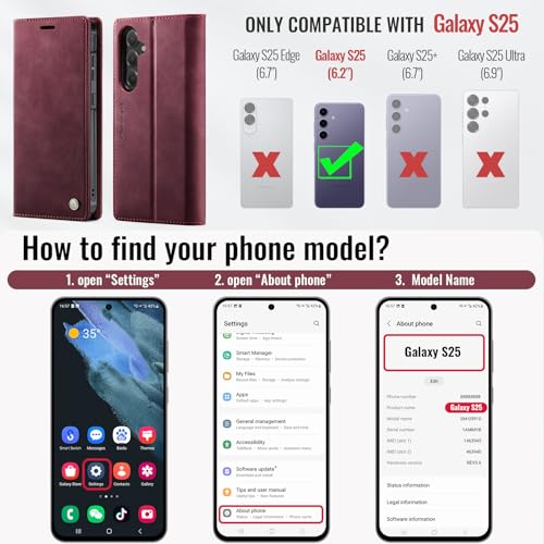 for Samsung Galaxy S25 5G 2in1 Detachable Wallet Case, Burgundy | Compatible with Magsafe, Magnetic, RFID Blocking Card Holder, Shockproof, Kickstand, Wireless Charging, PU Leather Flip Cover - color: Retro Burgundy, size: Galaxy S25 - 6.2"