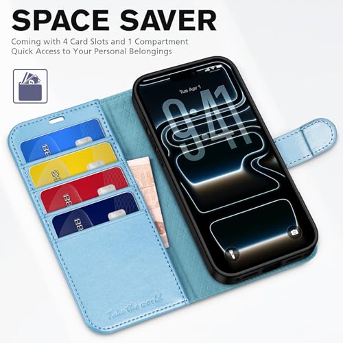 TUCCH Wallet Case for iPhone 17 Pro (6.3"), 4 Card Slots, Pearly Light Blue | RFID Blocking, Viewing Stand, Shockproof TPU Shell, PU Leather, Magnetic Closure, Protective Folio Flip Cover - color: Pearly Light Blue