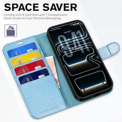 TUCCH Wallet Case for iPhone 17 Pro (6.3"), 4 Card Slots, Pearly Light Blue | RFID Blocking, Viewing Stand, Shockproof TPU Shell, PU Leather, Magnetic Closure, Protective Folio Flip Cover - color: Pearly Light Blue