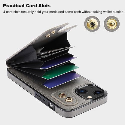 Folosu Compatible with iPhone 13 Case Wallet with Card Holder, 360°Rotation Finger Ring Holder Kickstand Protective RFID Blocking PU Leather Double Buttons Flip Shockproof Cover 6.1 Inch Gray - color: Gray