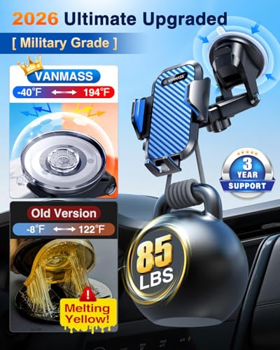 VANMASS Car Phone Holder Ultimate Military-Grade Strongest Suction & Clip Windshield Dash Best Strongest Cell Phone Automotive Dash Gauge Accents for iPhone 18 Pro Max 17 16 15 14 Blue - color: Blue