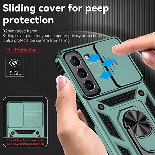 for Samsung Galaxy S22 Case with Camera Lens Cover Screen Protector, Dual Layer Military-Grade Drop Tested Magnetic Ring Holder Kickstand Protective Phone Case for Samsung Galaxy S22 5G (Dark Green) - color: Dark Green with camera cover Military-Grade
