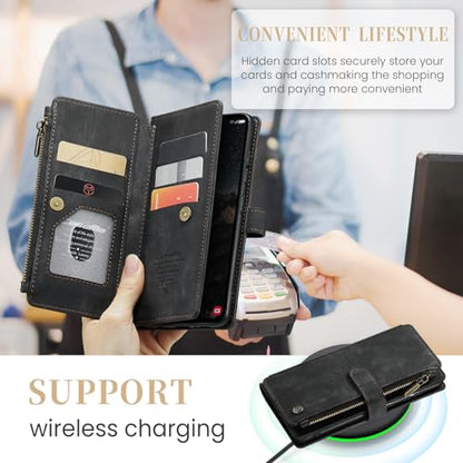 Samsung Galaxy S24 5G Wallet Case with Card Holder Kickstand Magnetic Zipper Pocket Lanyard Strap Wristlet,Leather Flip Case Wallet for Samsung Galaxy S24 5G 6.2 Inch(Black) - color: Black, size: S24 5G 6.2 Inch