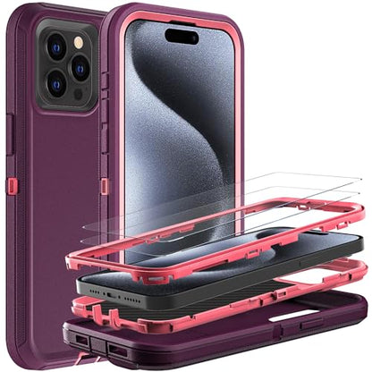 YKHJKLEC for iPhone 15 Pro Case, Military Grade 3 in 1 Heavy Duty Shockproof/Drop Proof/Dust Proof Case with 2Pcs Tempered Glass Screen Protector (Purple/Pink) - color: Purple/Pink