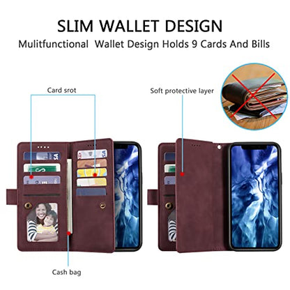 EYZUTAK Wallet Phone Case for Samsung Galaxy A15 4G/5G, Retro Matte 9 Card Holder Slots Zipper Pocket Handbag Case PU Leather Magnetic Closure Kickstand with Wrist Strap Flip Purse Case - Wine Red - color: Wine Red, size: Samsung Galaxy A15 4G/5G