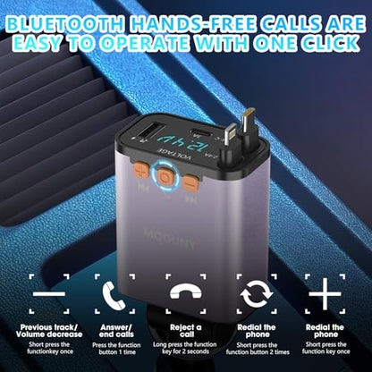 Retractable Car Charger,5 in 1 Fast Cars Phone Charger 60w,Bluetooth 5.3 FM Transmitter Adapter,Handsfree Call,MP3 Player,2 Retractable Cables and USB Chargers, for Phone,Galaxy,Pixel (Purple) - color: Purple